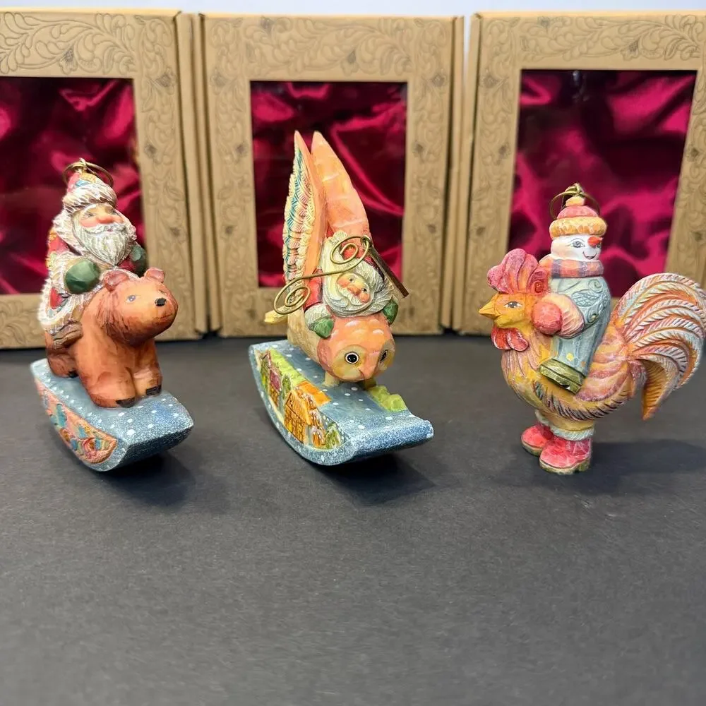 G. DeBrekht Christmas Ornaments Lot of 3 Boxed Santa Bear Snowman Folk Art